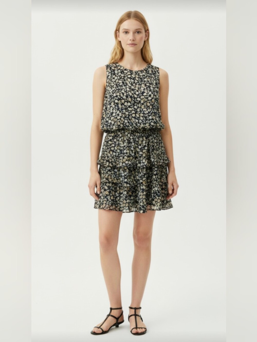 WHO WHAT WEAR! BLACK, TAN & CREAM MINI FLORAL 2 PC TOP & RUFFLED SKIRT SET! SZ L